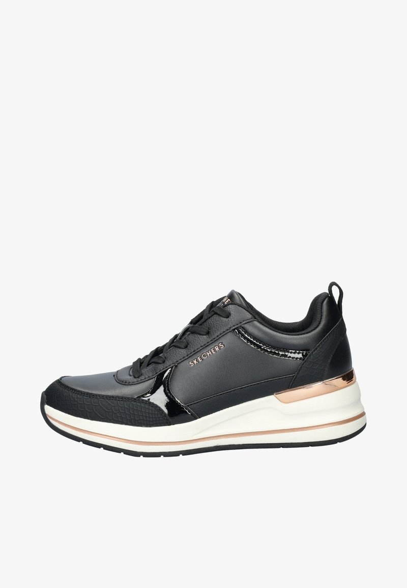 Czarne sportowe buty wykonane z gładkiej syntetycznej skóry z lakierowanymi akcentami. Posiadają teksturowany czubek oraz metaliczny akcent na pięcie w kolorze różowego złota.