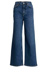 Jeans évasés en denim bleu foncé, avec une taille haute, un design classique à cinq poches et des détails de couture subtils.