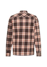 Langärmliges kariertes Hemd mit braunen, marineblauen und weißen Karomustern, aus gewebtem Stoff mit Button-down-Kragen und Manschetten.