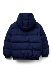 Námořnická puffer bunda s kapucí, s prošívaným designem, elastickými manžetami a staženým lemem pro těsné padnutí. Hladký, lesklý materiál.