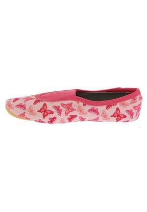 Pink fabric ballet flat with butterfly print in various shades, rounded toe, elasticized opening, and beige rubber sole.