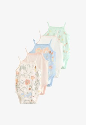 Fünf Babybodysuits aus weichem Baumwollstoff. Die Designs umfassen florale Muster in sanften Farben: mintgrün, hellrosa, weiß und hellblau.