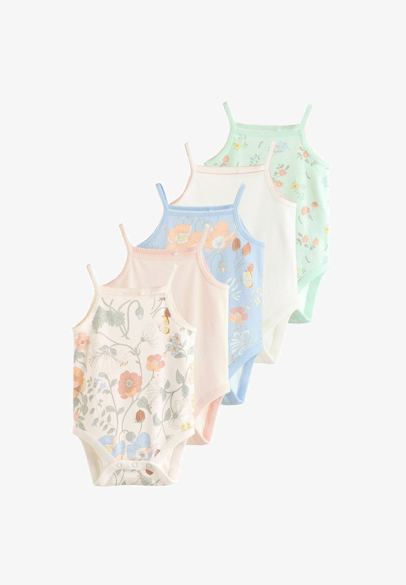 Penki kūdikio bodžiai, pagaminti iš minkštos medvilnės. Dizainai apima gėlių raštus pastelinių spalvų: mėtų žalios, šviesiai rožinės, baltos ir šviesiai mėlynos.