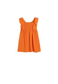 Orangenes ärmelloses Kleid mit quadratischem Ausschnitt, gerafften Details an der Brust und Rüschenträgern. Leichter, strukturierten Stoff.