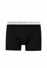 Black men's boxer briefs with white elastic waistband, featuring repeating "QS" logo in black letters.