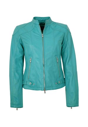 Teal leather jacket with a stand-up collar, front zipper, and two zippered pockets; features shoulder accents and decorative stitching.
