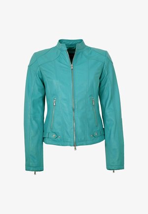 Türaus Lederjacke in Petrol mit Stehkragen, durchgehendem Reißverschluss und zwei Reißverschlusstaschen; mit Schulterakzenten und dekorativer Naht.