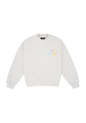Felpa grigia chiaro con girocollo, maniche lunghe e logo testuale multicolore pastello sul lato sinistro del petto.