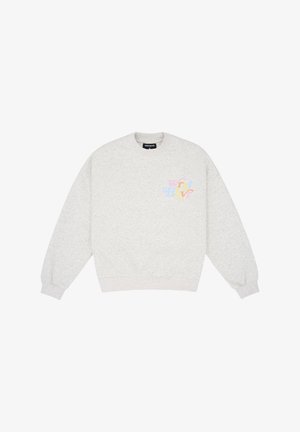 Felpa grigia chiaro con girocollo, maniche lunghe e logo testuale multicolore pastello sul lato sinistro del petto.