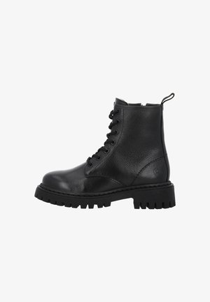 Bota de combate negra de cuero con cordones, suela gruesa y tirador en la parte trasera, mostrada en perfil lateral sobre fondo blanco.