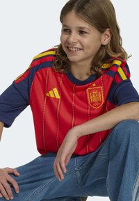 Röd och blå fotbollströja med gula detaljer, horisontella ränder och en emblem. Materialet verkar mjukt med en avslappnad passform.