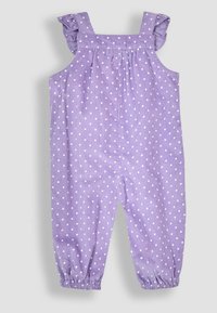 Salopette di velluto a coste viola con pois bianchi, spalline arricciate, polsini elastici e vita arricciata. Adatta per l'abbigliamento casual.