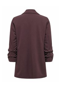 Blazer violet foncé à manches longues avec col et manches légèrement froncées, présenté de dos sur fond blanc uni.
