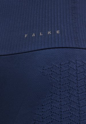 Navy blue knitted fabric with textured pattern and ribbed design. Embossed "FALKE" logo at the top. Smooth texture with subtle detailing.