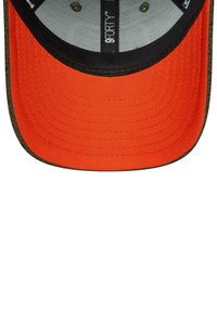 Orange cap with a black brim, featuring a textured fabric. Interior shows light grey lining and stitching details. Displays "9FORTY" label.