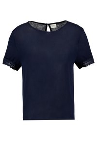 Navy blue short-sleeve blouse with a round neckline, lace trim at the sleeves, and a keyhole opening at the back. Smooth texture.