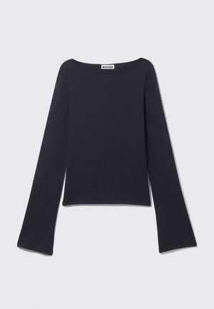 Mørkeblå langermet topp med bred halslinning og vide ermer. Laget av et glatt tekstil, har en tettsittende passform og et minimalistisk design.