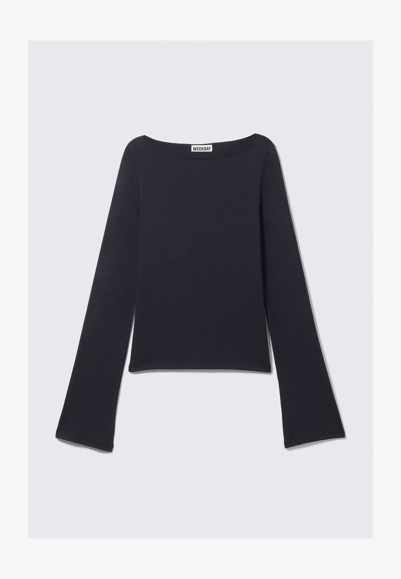 Top a maniche lunghe blu scuro con scollo ampio e maniche svasate. Realizzato in tessuto liscio, presenta un corpo aderente e un design minimale.