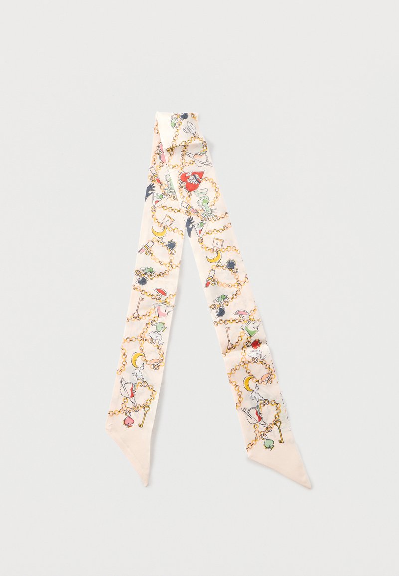 Κρεμ κασκόλ με σχέδιο χρυσής αλυσίδας διακοσμημένο με πολύχρωμα σύμβολα όπως χείλη, φεγγάρια, κλειδιά, καρδιές και σύμβολα φύλλων τράπουλας.