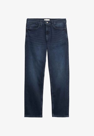 Jeans in denim scuro con design a gamba dritta. Presentano cinque tasche e accessori in metallo. La texture scossa vicino alle tasche aggiunge dettagli.