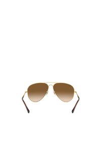 Occhiali da sole aviator con montatura in metallo dorato, lenti marroni sfumate e estremità delle aste in acetato marrone scuro. Notabili i naselli trasparenti per un maggiore comfort.