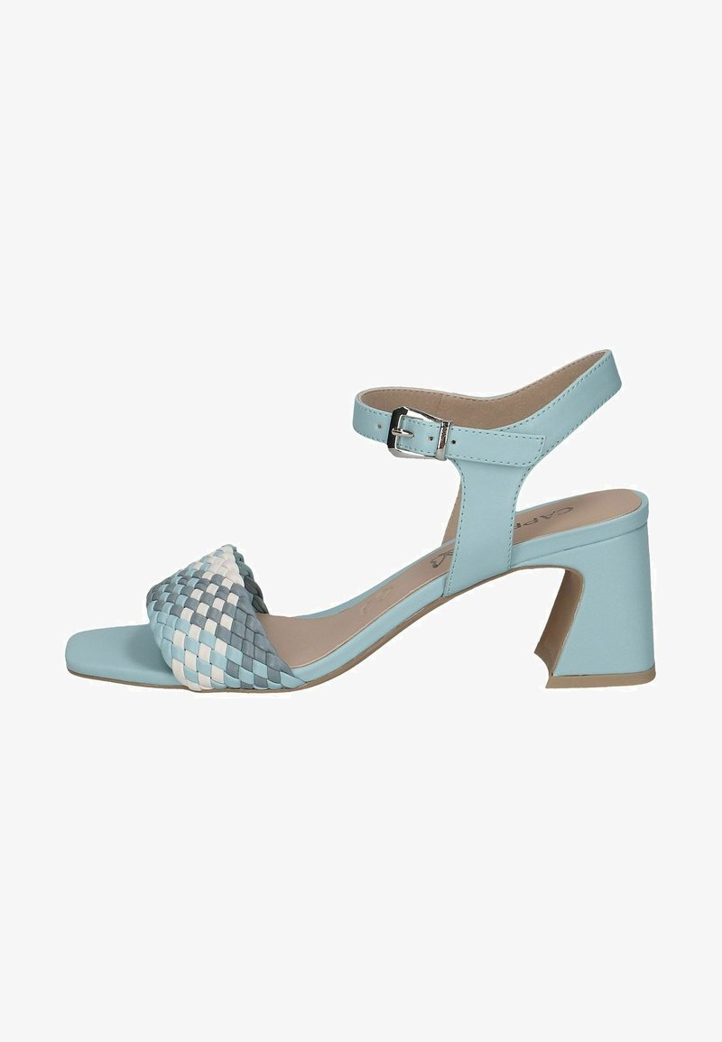Svetlo modri sandali na peto z woveno sprednjo zaponko v gradientnih odtenkih, z zaponko okoli gležnja in geometrijsko zasnovanim blok peto.