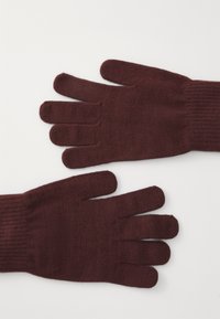 Guanti a maglia bordeaux realizzati in un materiale morbido, con polsino a coste e design a cinque dita per una vestibilità aderente.