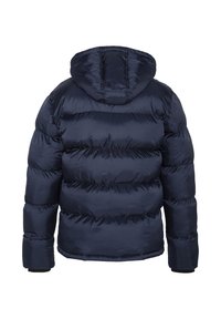 Chaqueta de plumas azul marino con capucha, con compartimentos horizontales, textura suave y puños elásticos. Vista posterior, sin marcas visibles.