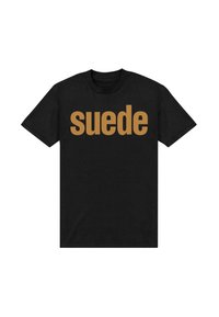 Černé bavlněné tričko s výrazným, oversized hnědým textem s nápisem "suede." Klasický design s kruhovým výstřihem a krátkými rukávy.