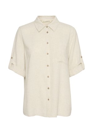 Beige linned kortærmet skjorte med knaplukning foran, der har en brystlomme og oprullede ærmer med knapdetaljer. Glat tekstur.