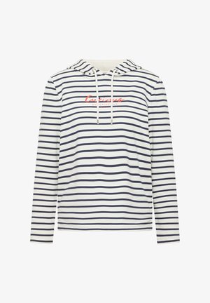 Weißer Hoodie mit langen Ärmeln, schwarzen horizontalen Streifen und korallenfarbenem Schriftzug "Curious Memories and Maps" auf der Brust, mit weißen Kordeln.