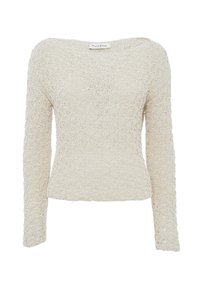 Maglione a maniche lunghe, di colore avorio, con un motivo in pizzo testurizzato, caratterizzato da un ampio scollo e una silhouette aderente.