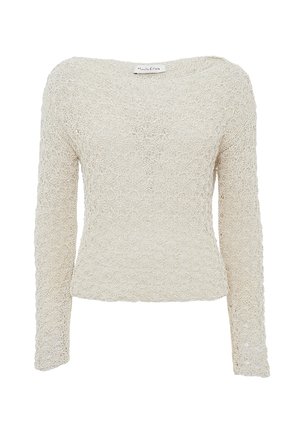 Langärmliger, cremefarbener Pullover mit einem strukturierten Spitzendesign, der über einen weiten Ausschnitt und eine figurbetonende Silhouette verfügt.