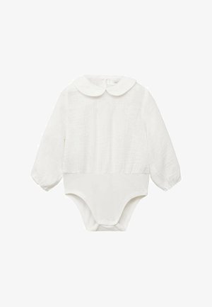 Body blanc à manches longues avec un col rond, fabriqué en tissu doux, présentant un motif texturé, avec un bas ajusté pour un enfilage facile.