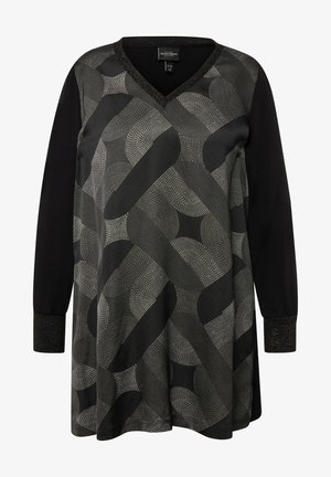 Langærmet sort top med et geometrisk gråt mønster, V-udskæring og teksturerede sorte manchetter, lavet af et glat, blødt stof.