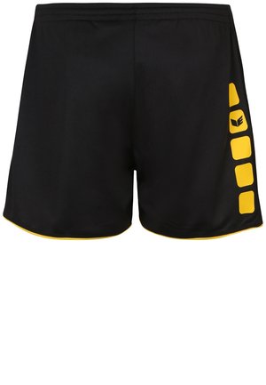 Zwarte sportshorts met een gele accent aan de zijkant, voorzien van vierkantpatronen en een logo. Gemaakt van gaasmateriaal en met een elastische tailleband voor comfort.