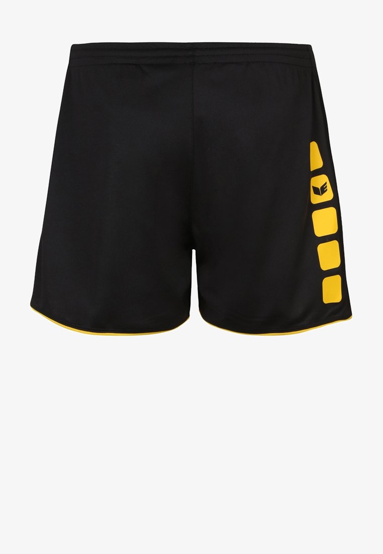 Zwarte sportshorts met een gele accent aan de zijkant, voorzien van vierkantpatronen en een logo. Gemaakt van gaasmateriaal en met een elastische tailleband voor comfort.