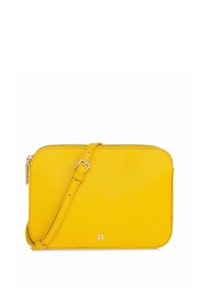 Żółta skórzana torebka crossbody z teksturowaną powierzchnią, z zamkiem błyskawicznym i regulowanym paskiem. Mały detal z logo z przodu.