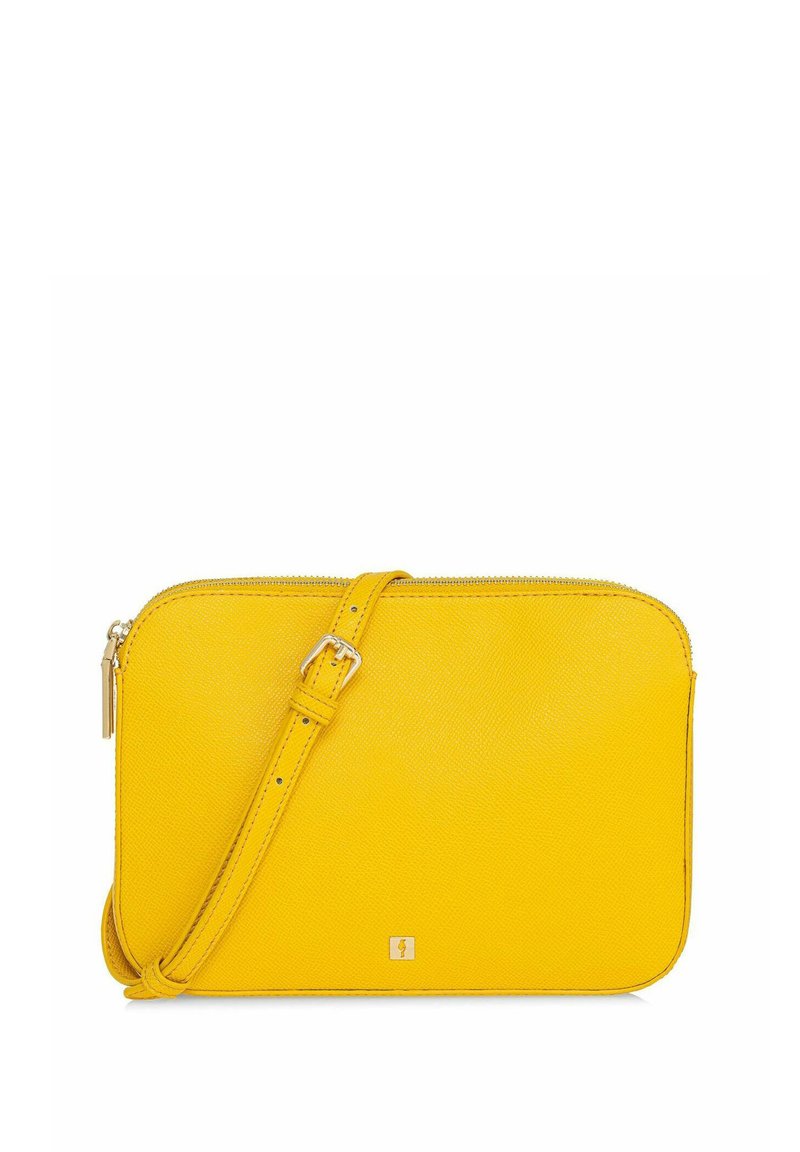 Żółta skórzana torebka crossbody z teksturowaną powierzchnią, z zamkiem błyskawicznym i regulowanym paskiem. Mały detal z logo z przodu.
