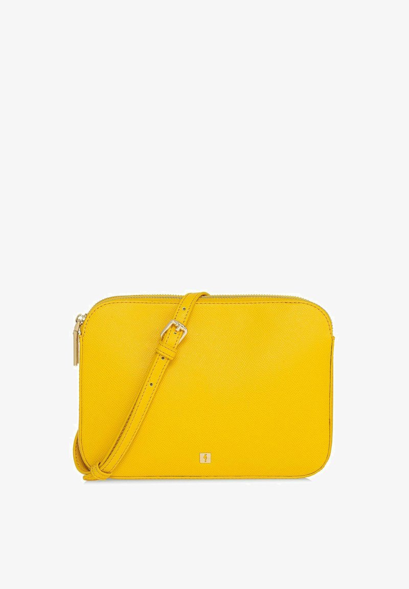 Żółta skórzana torebka crossbody z teksturowaną powierzchnią, z zamkiem błyskawicznym i regulowanym paskiem. Mały detal z logo z przodu.