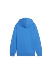 Felpa blu con cappuccio e maniche lunghe, realizzata in tessuto morbido. Presenta una tasca a marsupio e polsini e orlo a costine.