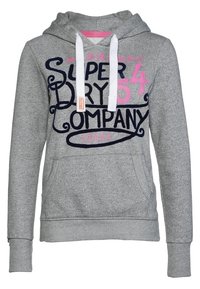 Sweat à capuche gris avec cordons blancs et texte bleu marine et rose indiquant "Super Dry Company Osaka" sur le devant.