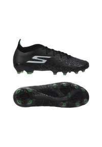 Svarta fotbollsdito med texturmönster, slät syntetisk ovandel, gröna accentdetaljer och formade dobbar för grepp.