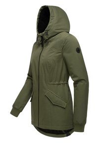Olive green hooded jacket with a zipper closure, elastic waist, two side pockets, and a soft interior lining. Black accents on hood.