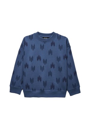 Sweat-shirt bleu col rond avec des motifs d'épis de blé bleu foncé répartis uniformément sur le tissu, poignets et ourlet côtelés.