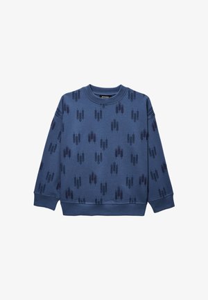 Sweat-shirt bleu col rond avec des motifs d'épis de blé bleu foncé répartis uniformément sur le tissu, poignets et ourlet côtelés.