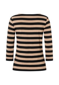 Schwarz-beige gestreiftes Langarmoberteil mit rundem Ausschnitt und lockerer Passform. Glatte Textur, Ärmel in mittlerer Länge und einfarbiger Saum.