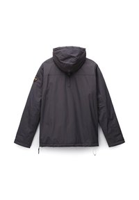 Dunkelgraue Kapuzenjacke mit langen Ärmeln, sichtbarer Naht quer über den Rücken und rundem Aufnäher am linken Oberarm, von hinten gezeigt.