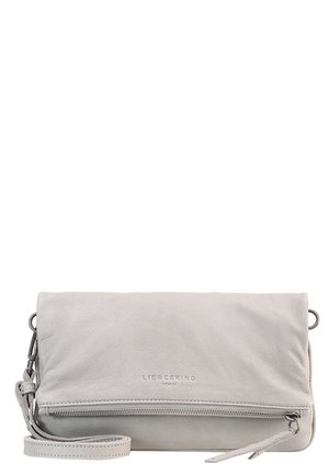 Light gray leather clutch bag with wrist strap, front zipper pocket, and embossed brand name "Liebeskind Berlin" on front center.