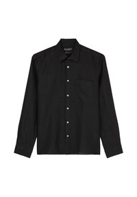 Camisa negra de manga larga hecha de tejido texturizado, con cuello, botones en el frente y un bolsillo en el pecho.